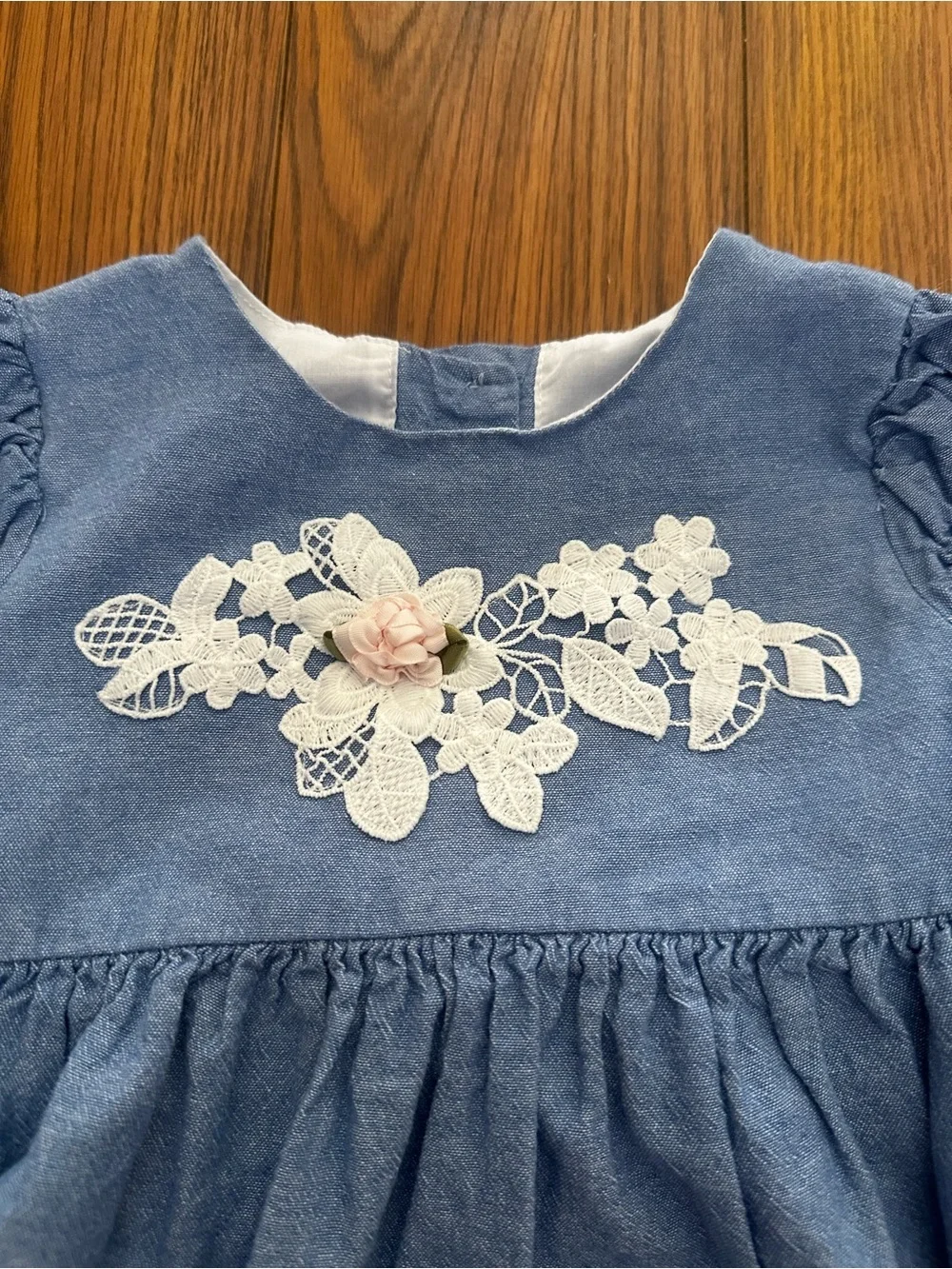 Bonnie Jean Blue Denim-Look Dress with White Floral Appliqué